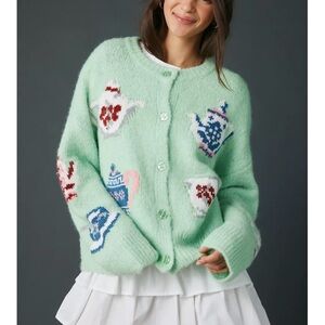 Urban Outfitters Light Green Cardigan with Teapot Design